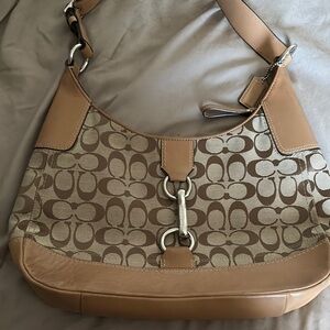 Coach Tan and Brown Signature Shoulder Bag with Silver Hardware